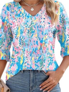 Southern Coastal Prep Abstract Print Ruffle Sleeve Blouse Multicolor Small